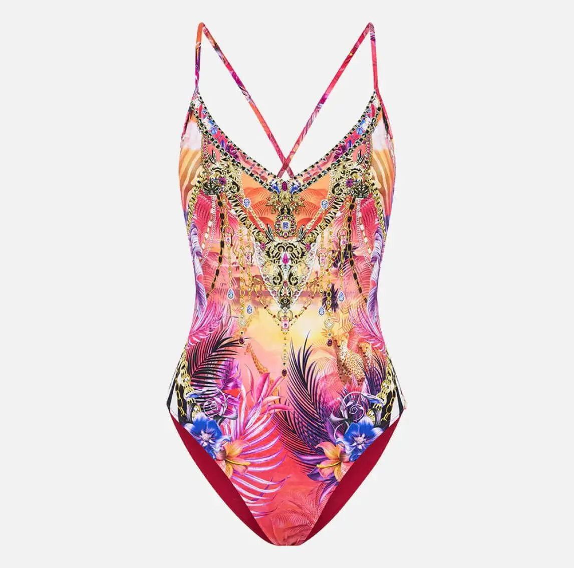 Pink and gold colored one piece swimsuit with intricate patterned details